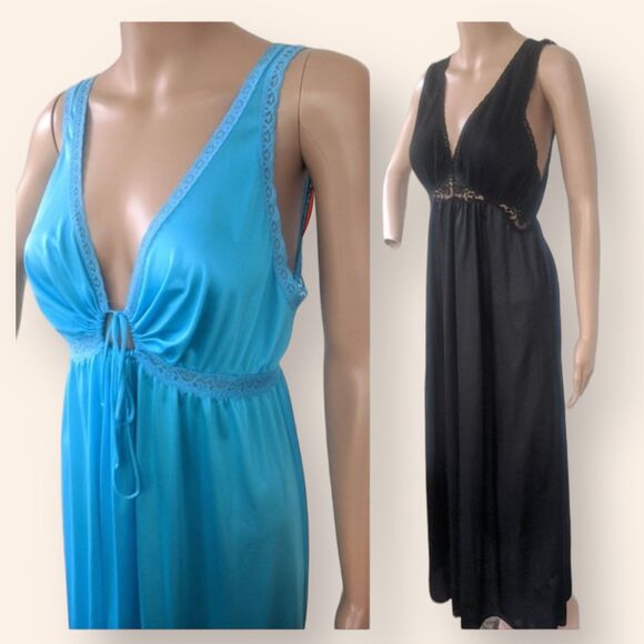 Blue Keyhole or Black Pleat Miss Elaine Nightgown 80s Vintage Maxi Gown Lingerie